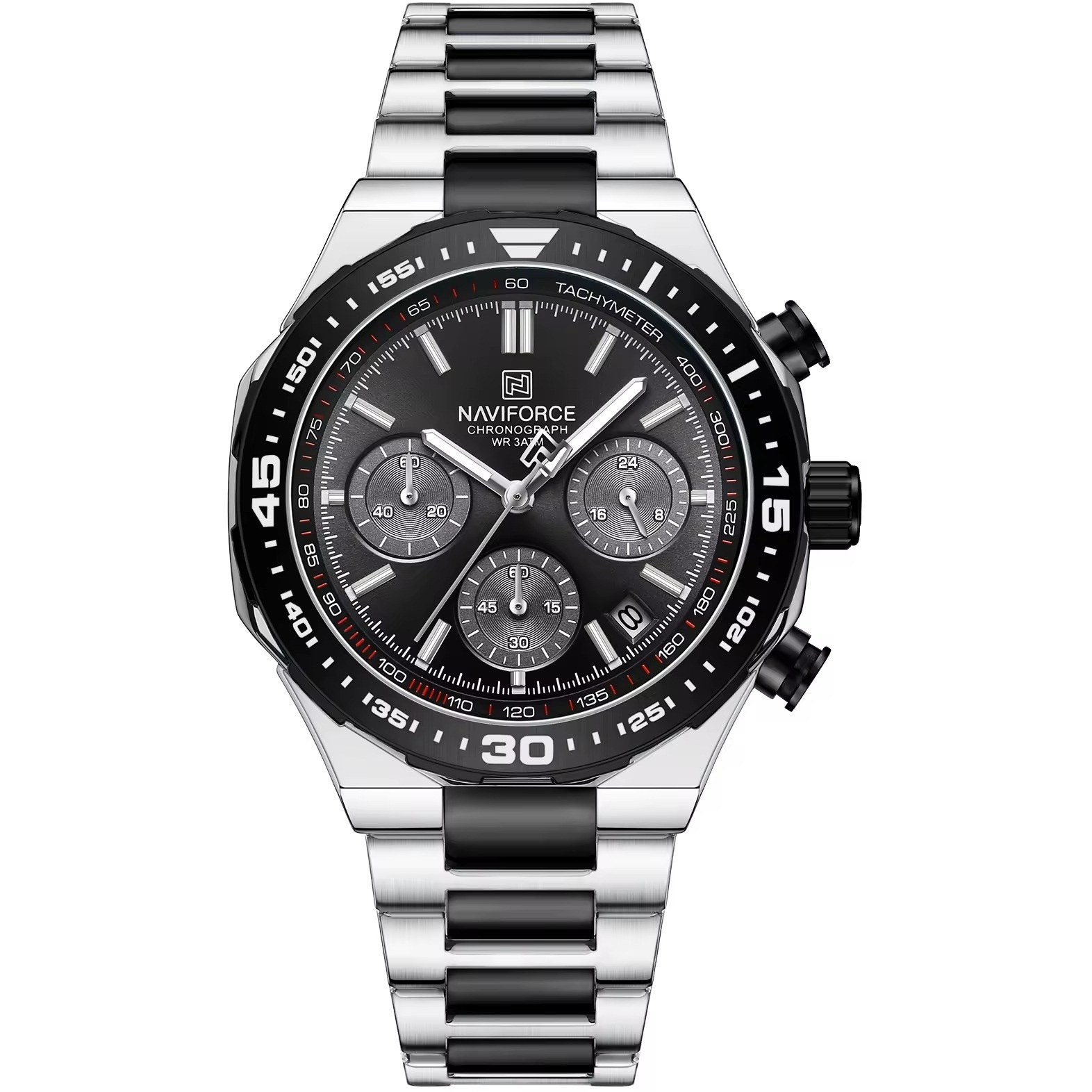 ساعت مچی مردانه Naviforce مدل NF8049 | بند استیل نقره ای مشکی، صفحه مشکی، سه موتور فعال