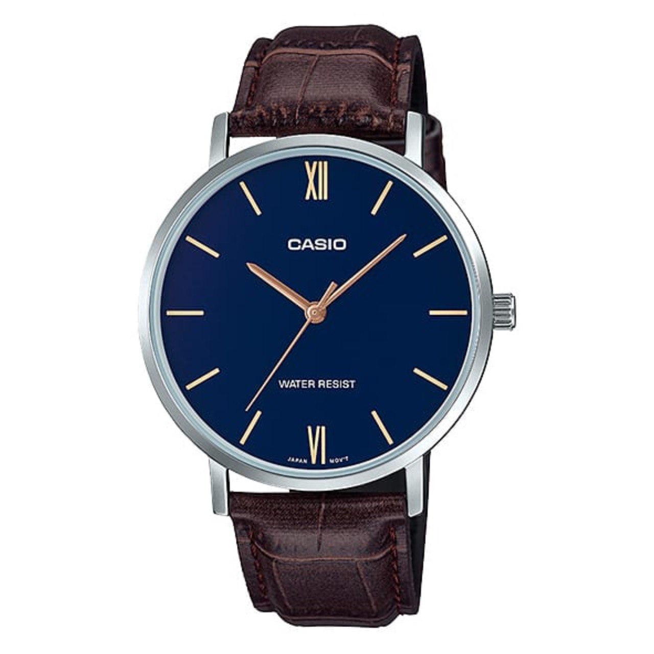 ساعت مچی مردانه Casio مدل MTP-VT01L-2BUDF | بند چرمی قهوه ای و صفحه آبی اسپرت