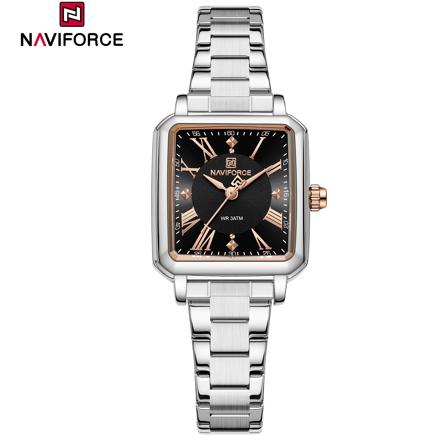 ساعت مچی زنانه Naviforce مدل NF5065 | بند فلزی نقره ای، صفحه مشکی | کلاسیک و رسمی