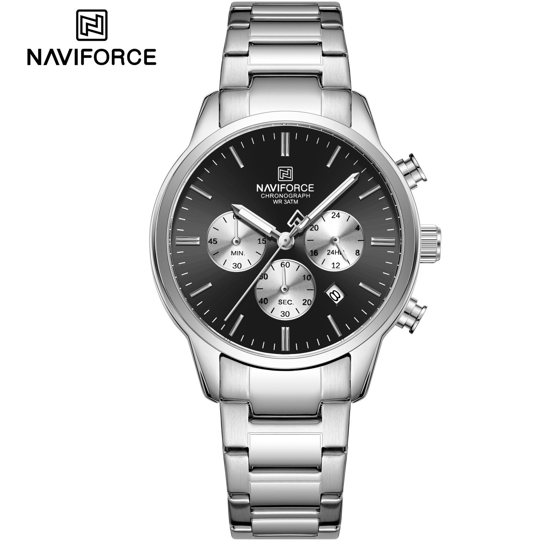 ساعت مچی مردانه Naviforce مدل NF8076 | بند استیل نقره ای، صفحه مشکی، سه موتور فعال