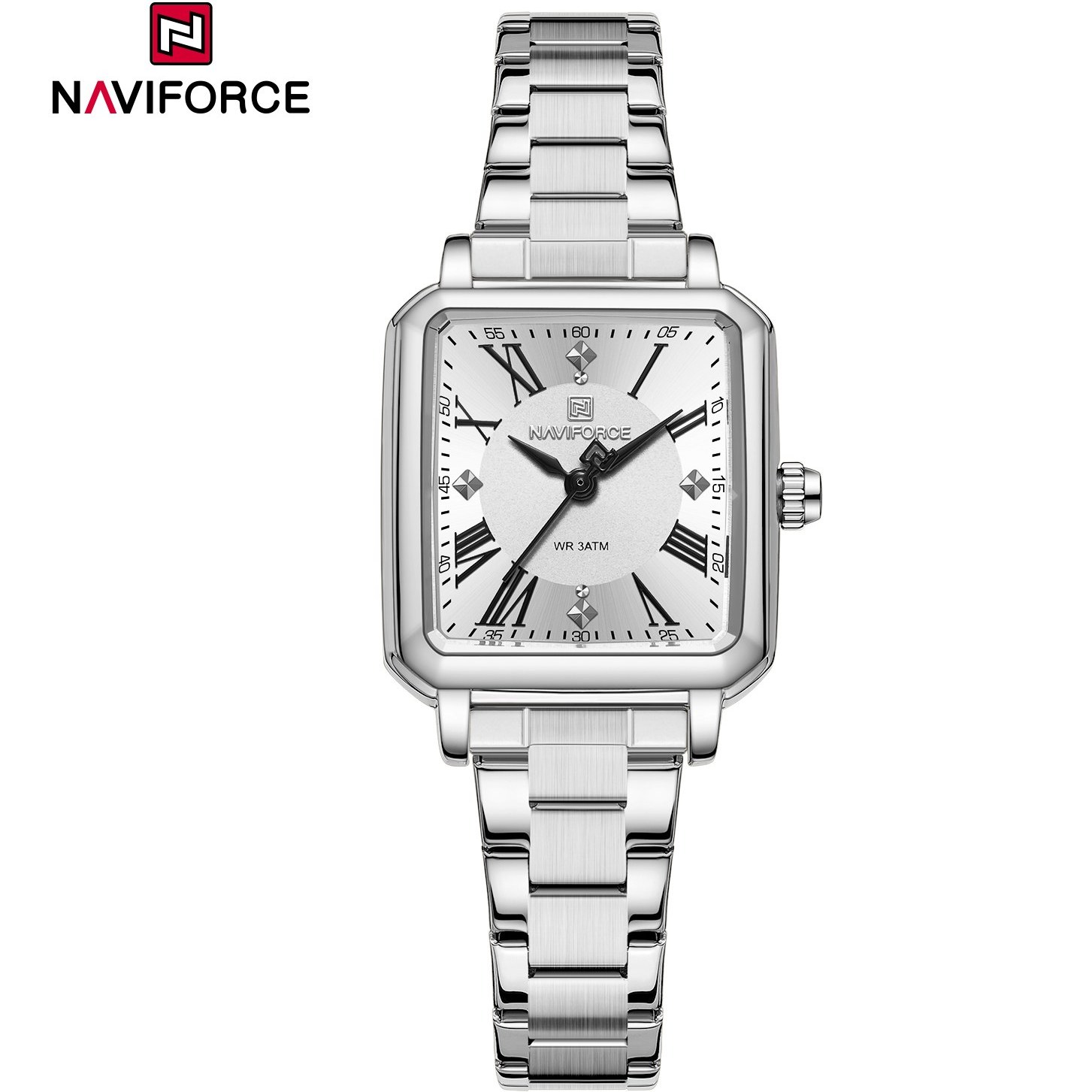 ساعت مچی زنانه Naviforce مدل NF5065 | بند فلزی نقره ای، صفحه سفید | کلاسیک و رسمی