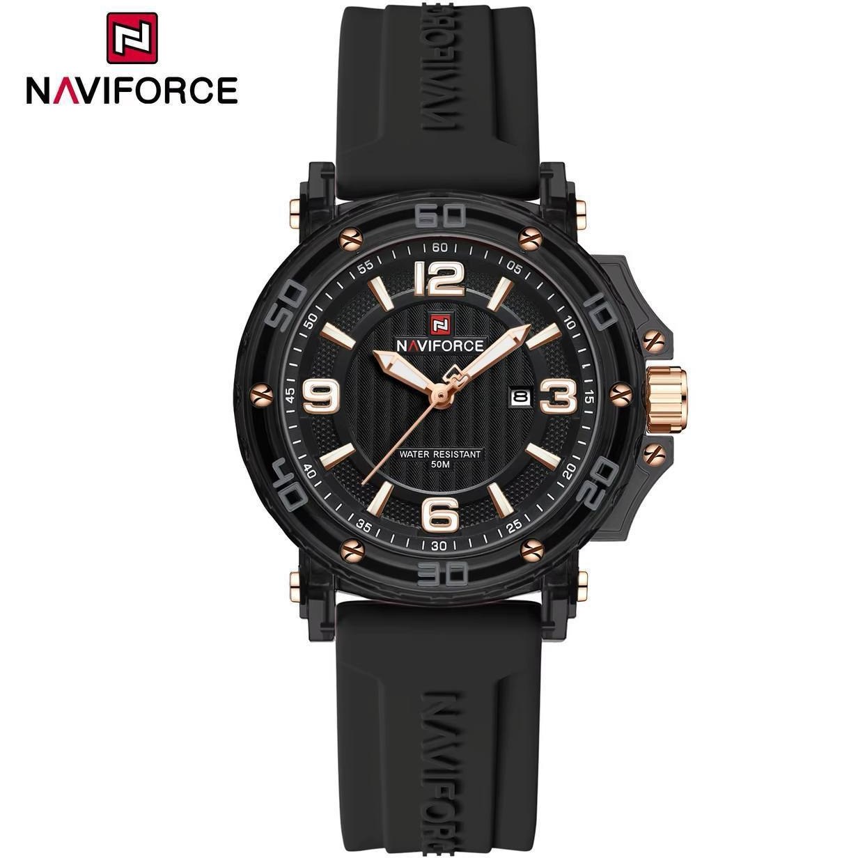 ساعت مچی زنانه Naviforce مدل NF7125 | بند سیلیکونی مشکی، صفحه مشکی| اسپرت