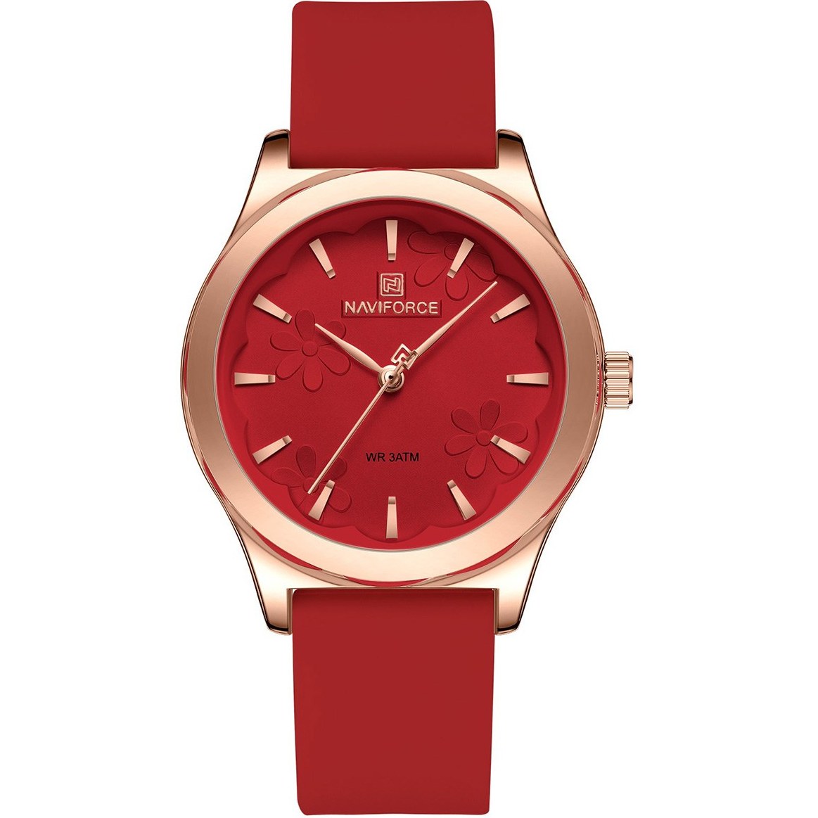 ساعت مچی زنانه Naviforce مدل NF5051 | بند سیلیکونی قرمز، صفحه قرمز، قاب رزگلد