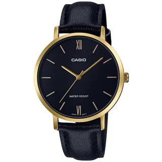 ساعت مچی زنانه Casio مدل LTP-VT01GL-1B | بند چرم مشکی،قاب طلایی و صفحه مشکی کلاسیک