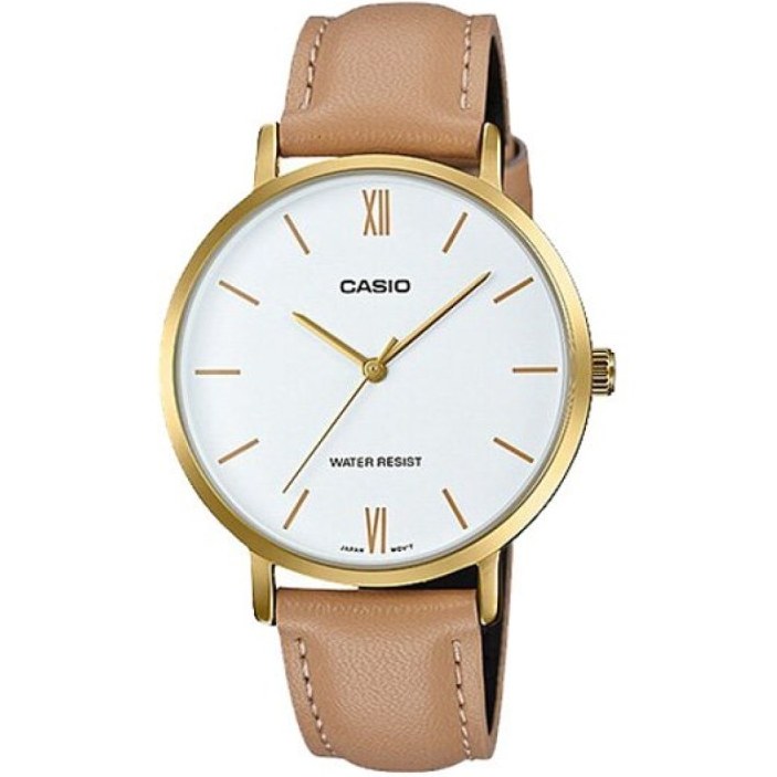 ساعت مچی زنانه Casio مدل LTP-VT01GL-7B | بند چرم قهوه ای،قاب طلایی و صفحه سفید کلاسیک