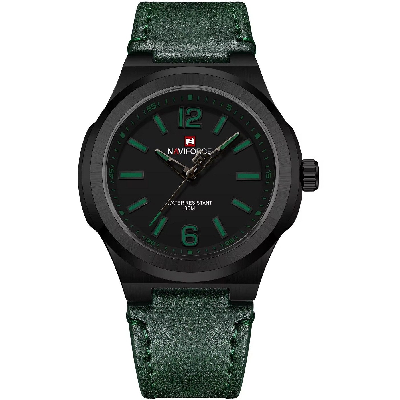 ساعت مچی مردانه Naviforce مدل NF9233 | بند چرمی سبز، صفحه مشکی، قاب مشکی