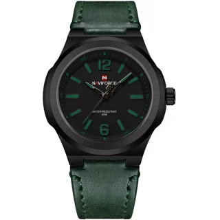 ساعت مچی مردانه Naviforce مدل NF9233 | بند چرمی سبز، صفحه مشکی، قاب مشکی