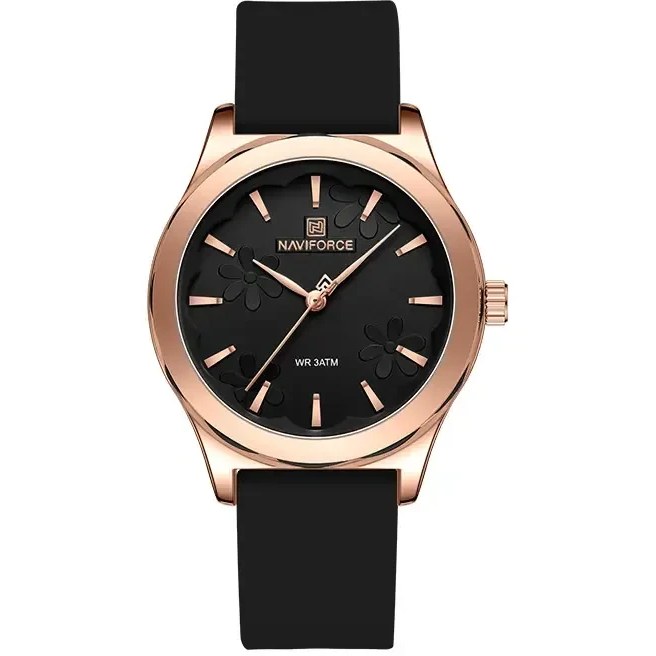 ساعت مچی زنانه Naviforce مدل NF5051 | بند سیلیکونی مشکی، صفحه مشکی، قاب رزگلد