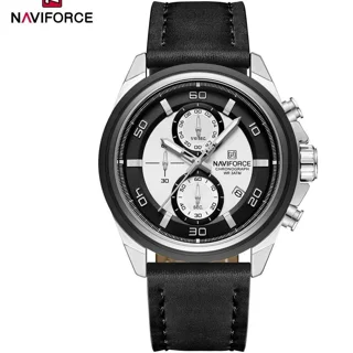 ساعت مچی مردانه Naviforce مدل NF8075 | بند چرمی مشکی، صفحه سفید | کرونوگراف و اسپرت