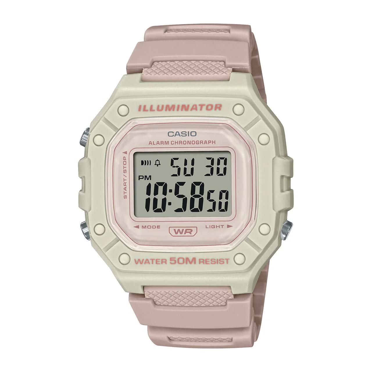 ساعت مچی Casio مدل W-218HC-4A2VDF | بند رزینی صورتی،صفحه و قاب سفید، دیجیتال | اسپرت و مقاوم
