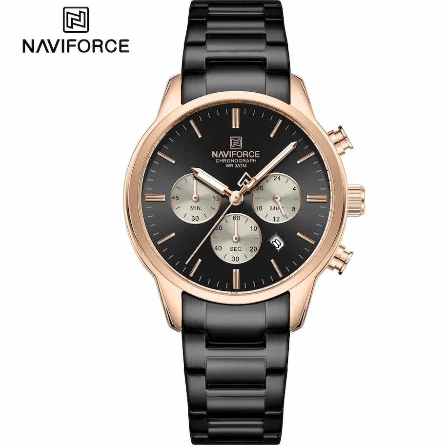 ساعت مچی مردانه Naviforce مدل NF8076 | بند استیل مشکی، صفحه مشکی رزگلد، سه موتور فعال
