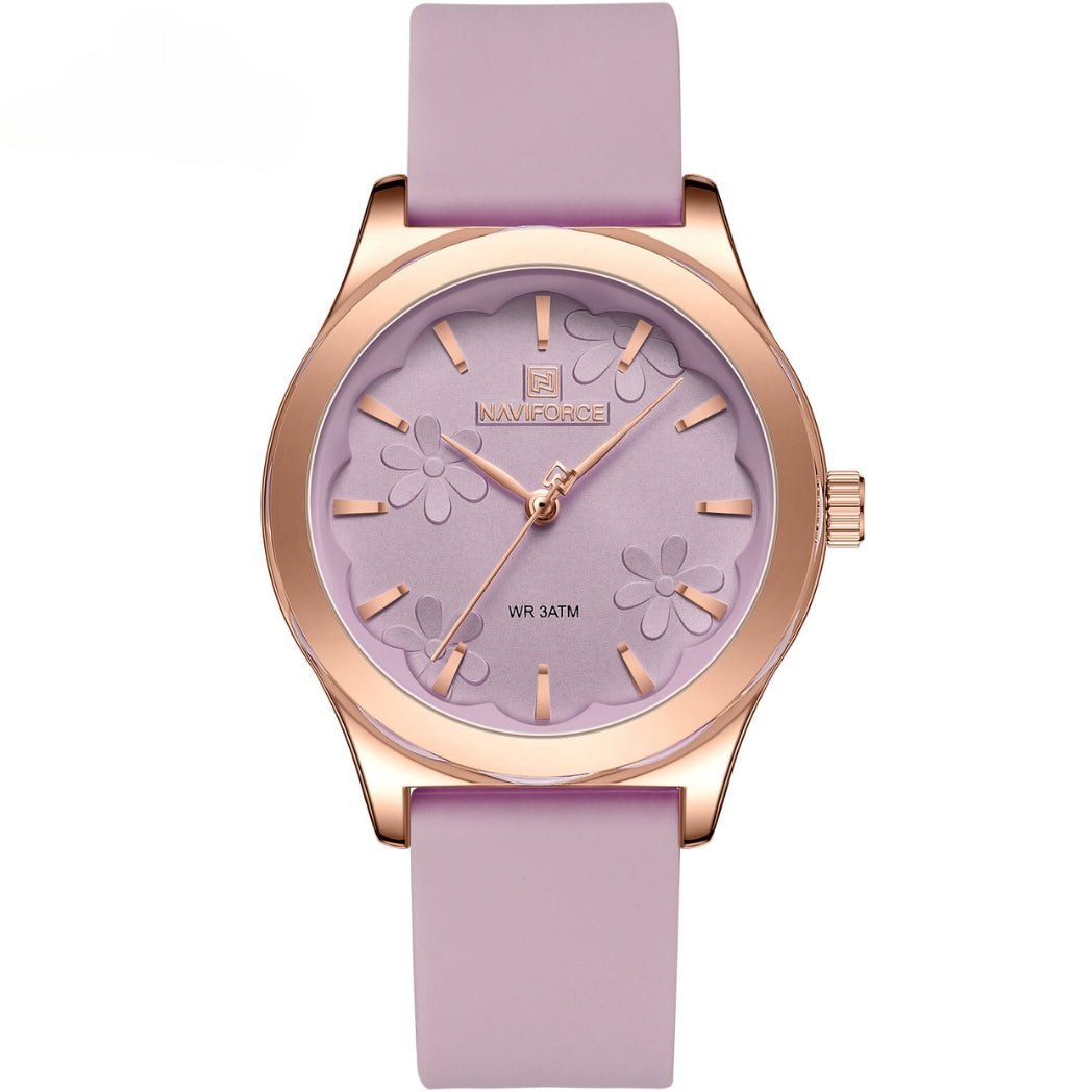 ساعت مچی زنانه Naviforce مدل NF5051 | بند سیلیکونی بنفش، صفحه بنفش، قاب رزگلد