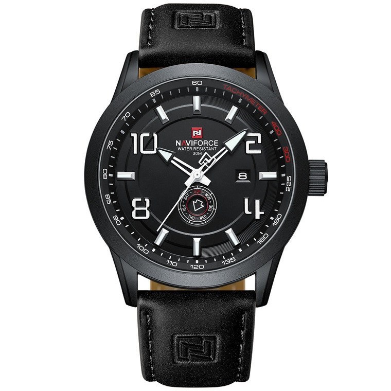 ساعت مچی مردانه Naviforce مدل NF9229 | بند چرمی مشکی، صفحه مشکی سفید | اسپرت و فول تایم