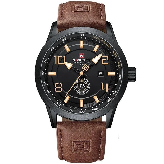 ساعت مچی مردانه Naviforce مدل NF9229 | بند چرمی قهوه ای، صفحه مشکی زرد | اسپرت و فول تایم