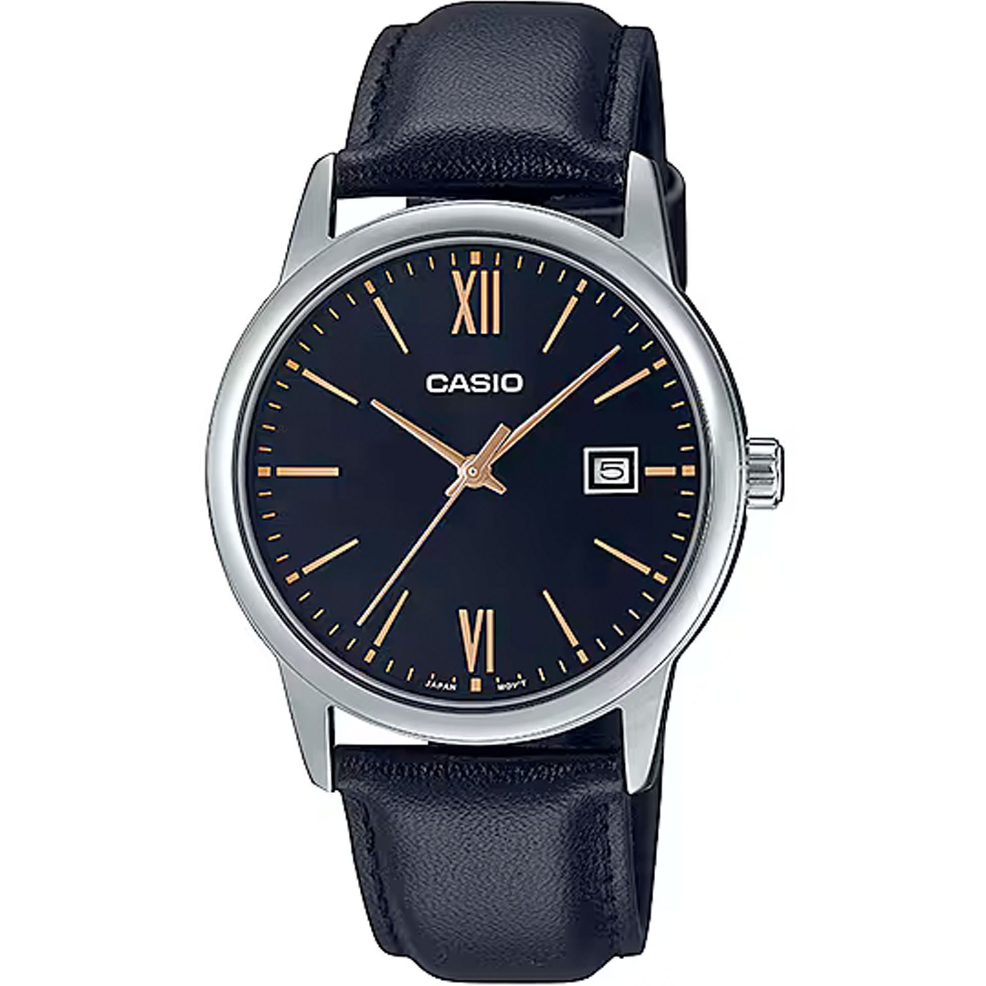 ساعت مچی مردانه کاسیو Casio MTP-V002L-1B3 | بند چرمی مشکی، صفحه مشکی طلایی کلاسیک و رسمی