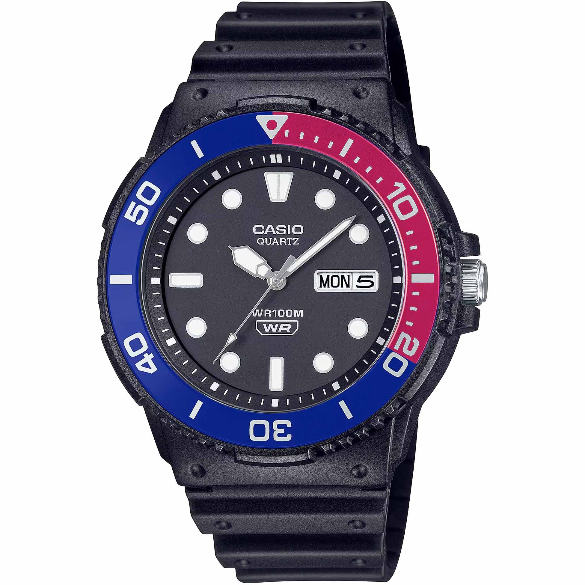ساعت مچی مردانه Casio مدل MRW-230H-1E3VDF | بند رزینی مشکی ،صفحه مشکی، قاب آبی قرمز | اسپرت و مقاوم