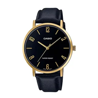 ساعت مچی مردانه Casio مدل MTP-VT01GL-1B2 | بند چرمی مشکی و صفحه مشکی و قاب طلایی کلاسیک