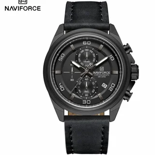 ساعت مچی مردانه Naviforce مدل NF8075 | بند چرمی مشکی، صفحه مشکی | کرونوگراف و اسپرت