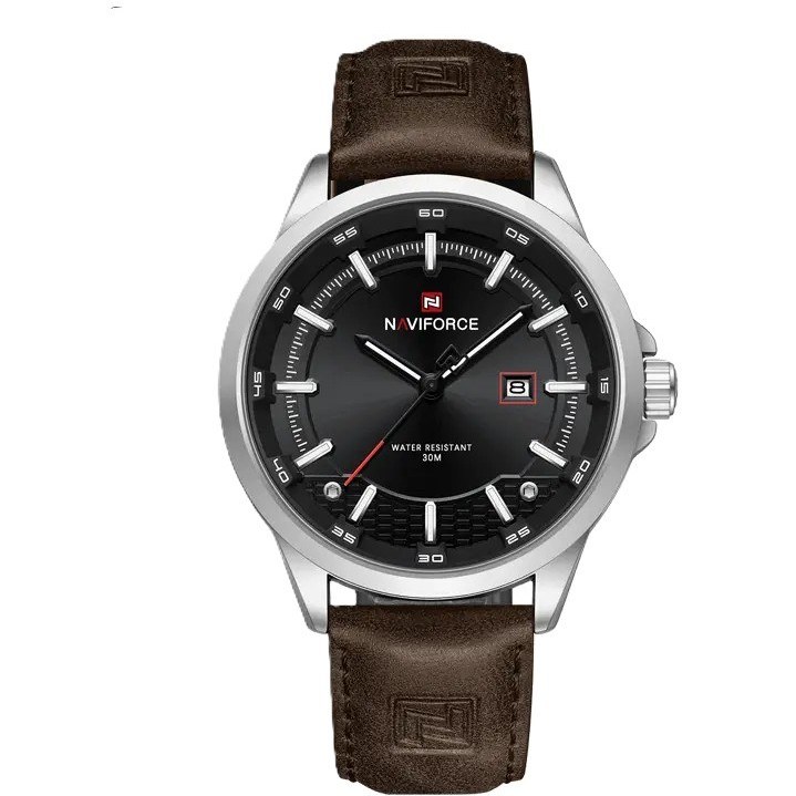 ساعت مچی مردانه Naviforce مدل NF9248 | بند چرمی قهوه ای تیره، صفحه مشکی | اسپرت و مقاوم