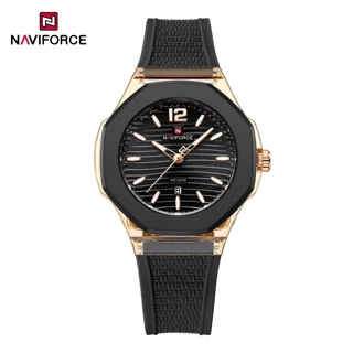 ساعت مچی زنانه Naviforce مدل NF6109 | بند سیلیکونی مشکی، صفحه مشکی، قاب رزگلد| اسپرت