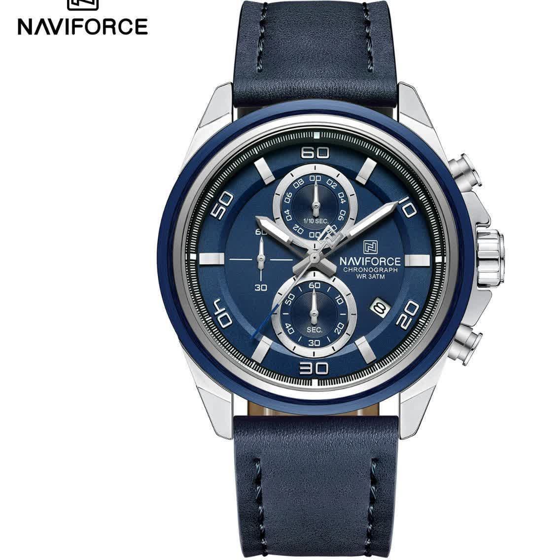 ساعت مچی مردانه Naviforce مدل NF8075 | بند چرمی آبی، صفحه آبی | کرونوگراف و اسپرت