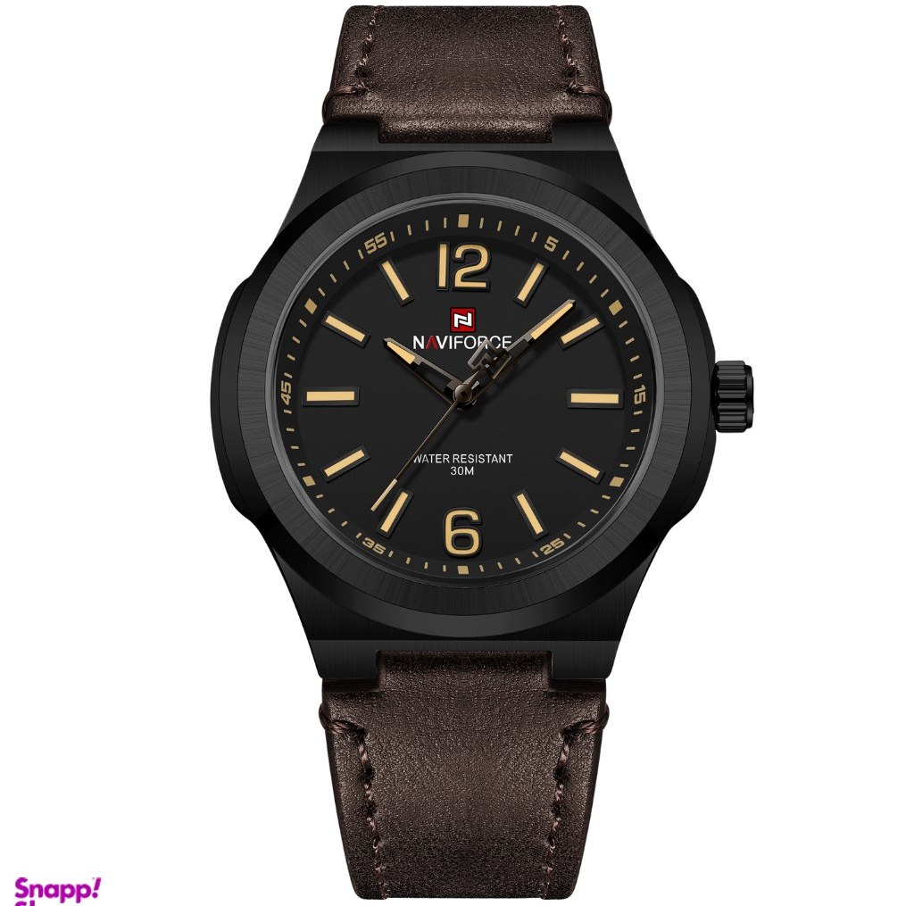 ساعت مچی مردانه Naviforce مدل NF9233 | بند چرمی قهوه ای تیره، صفحه مشکی، قاب مشکی