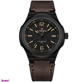 ساعت مچی مردانه Naviforce مدل NF9233 | بند چرمی قهوه ای تیره، صفحه مشکی، قاب مشکی