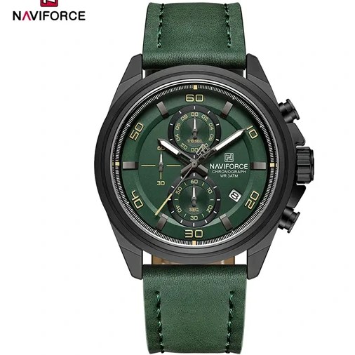 ساعت مچی مردانه Naviforce مدل NF8075 | بند چرمی سبز، صفحه سبز | کرونوگراف و اسپرت