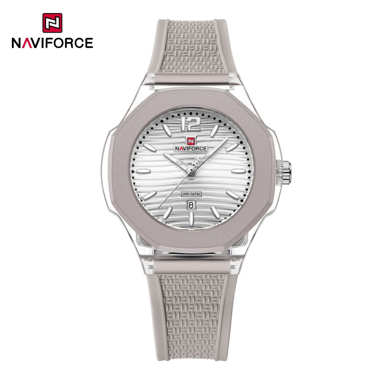 ساعت مچی زنانه Naviforce مدل NF6109 | بند سیلیکونی خاکستری، صفحه سفید| اسپرت