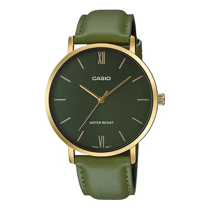 ساعت مچی مردانه Casio مدل  MTP-VT01GL-3B | بند چرمی سبز زیتونی،قاب طلایی، صفحه سبز | رسمی و کلاسیک