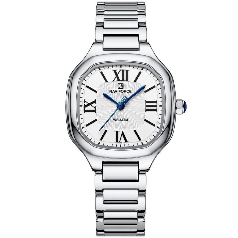 ساعت مچی زنانه Naviforce مدل NF5042 | بند فلزی نقره ای، صفحه سفید مشکی | رسمی