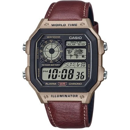 ساعت مچی مردانه Casio مدل AE-1200WHL-5AVDF | بند چرم قهوه ای، دیجیتال | چند زمانه و مقاوم