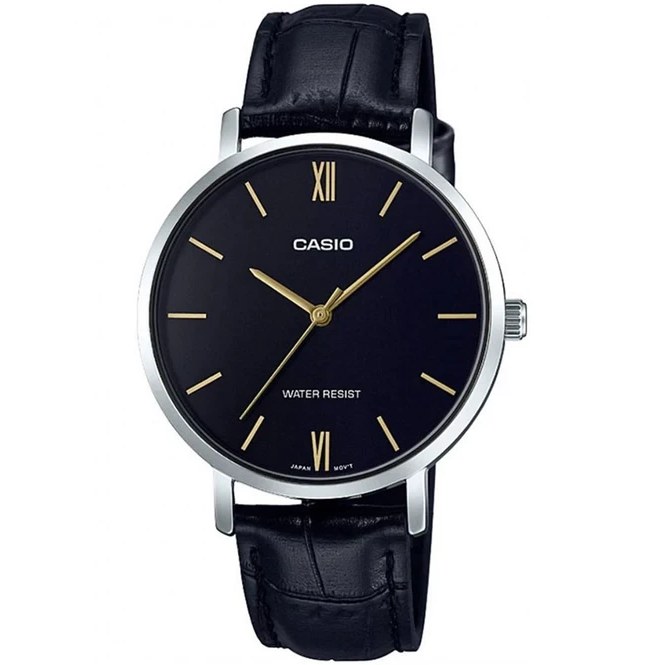 ساعت مچی زنانه Casio مدل LTP-VT01L-1B | بند چرم مشکی،قاب نقره ای و صفحه مشکی کلاسیک