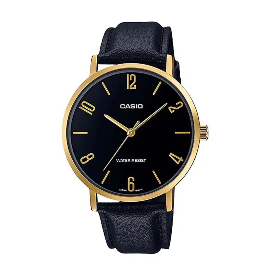ساعت مچی مردانه Casio مدل MTP-VT01GL-1B2 | بند چرمی مشکی و صفحه مشکی و قاب طلایی کلاسیک