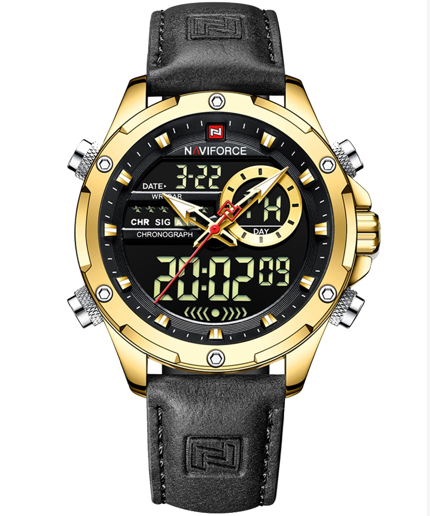 ساعت مچی مردانه Naviforce مدل NF9208 | بند چرمی مشکی، قاب طلایی |اسپرت و دوزمانه